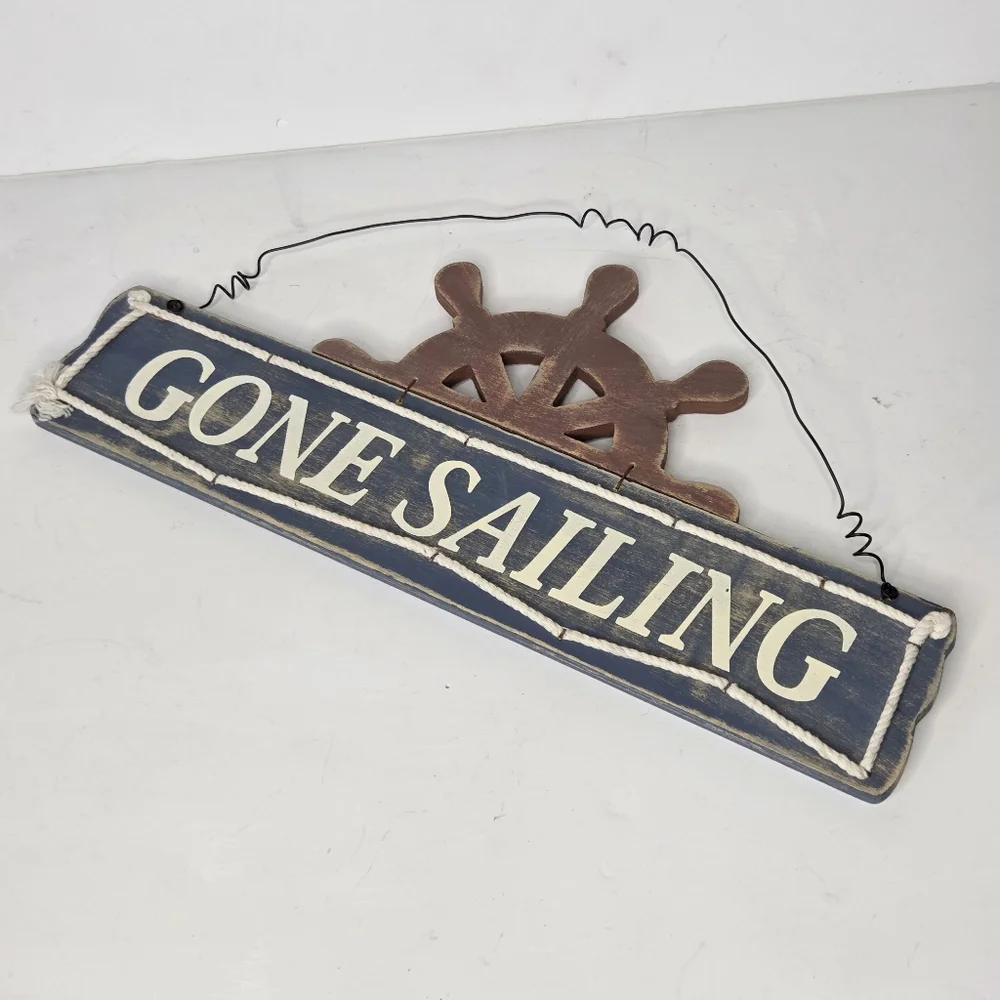Rustic Blue Nautical Gone Sailing Wall Hanging Decor Ship Wheel